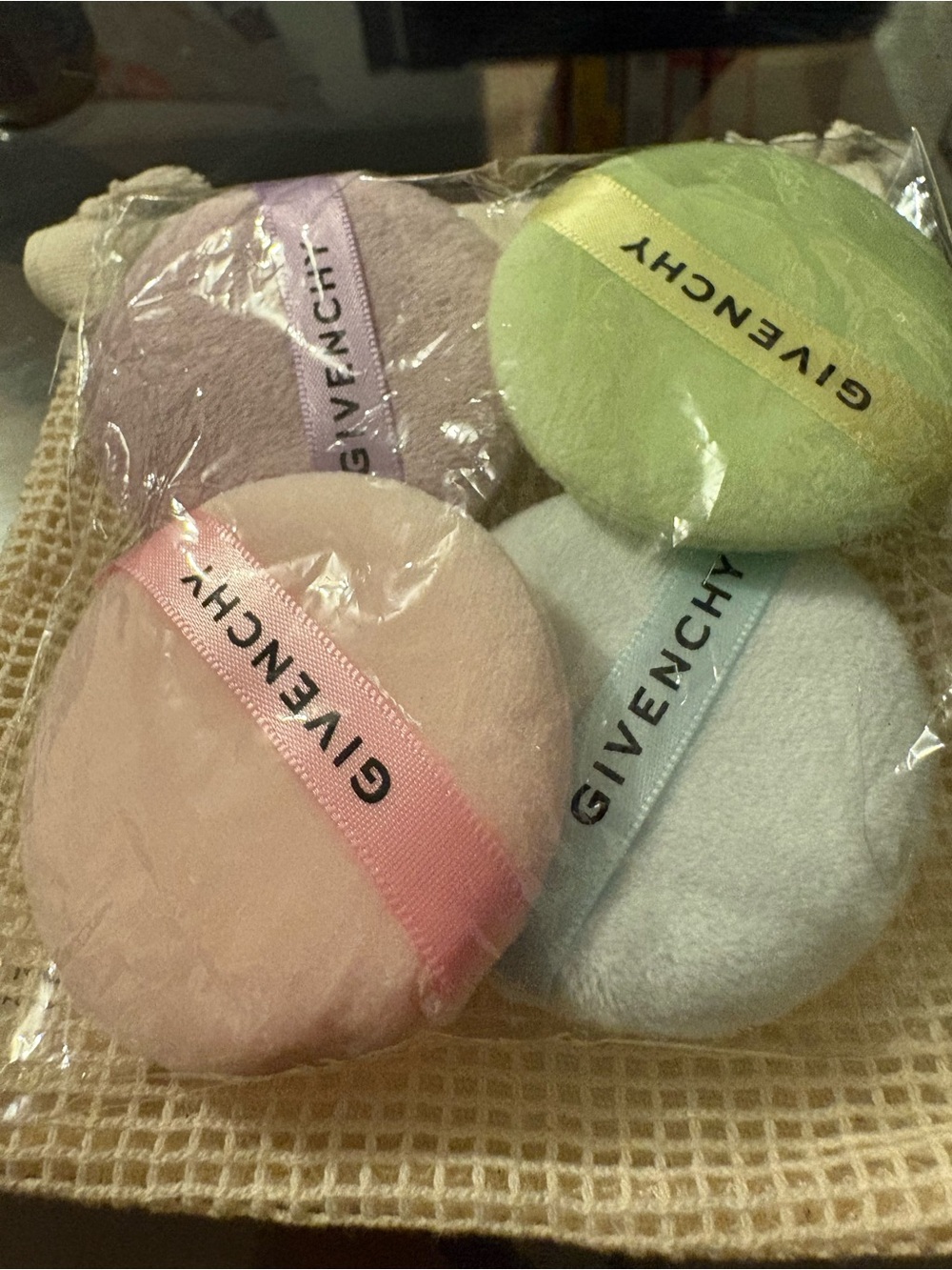 Givenchy Pastel Makeup Puffs in Pink, Lilac, Green, and baby blue with bag